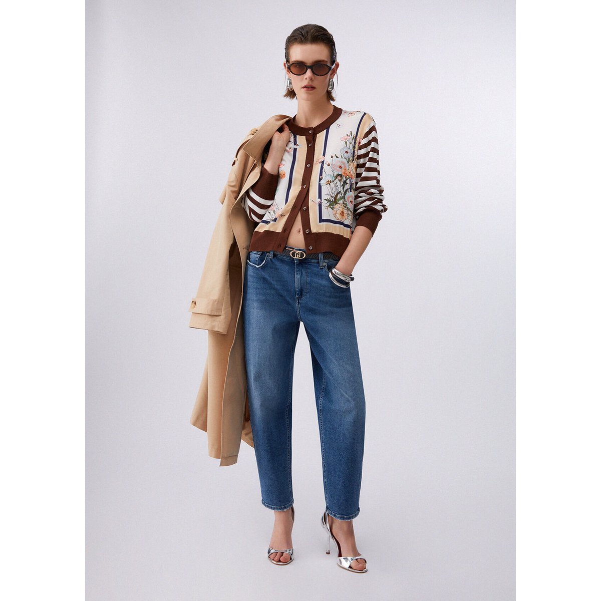 Cardigan avec empiècement en sergé imprimé marron et blanc, LIU JO