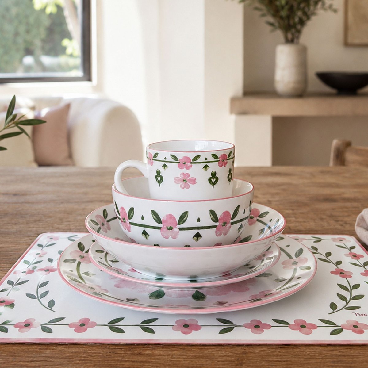 Lot de 6 bols 60cl en porcelaine, PRIMAVERA blanc-rose, NOVASTYL