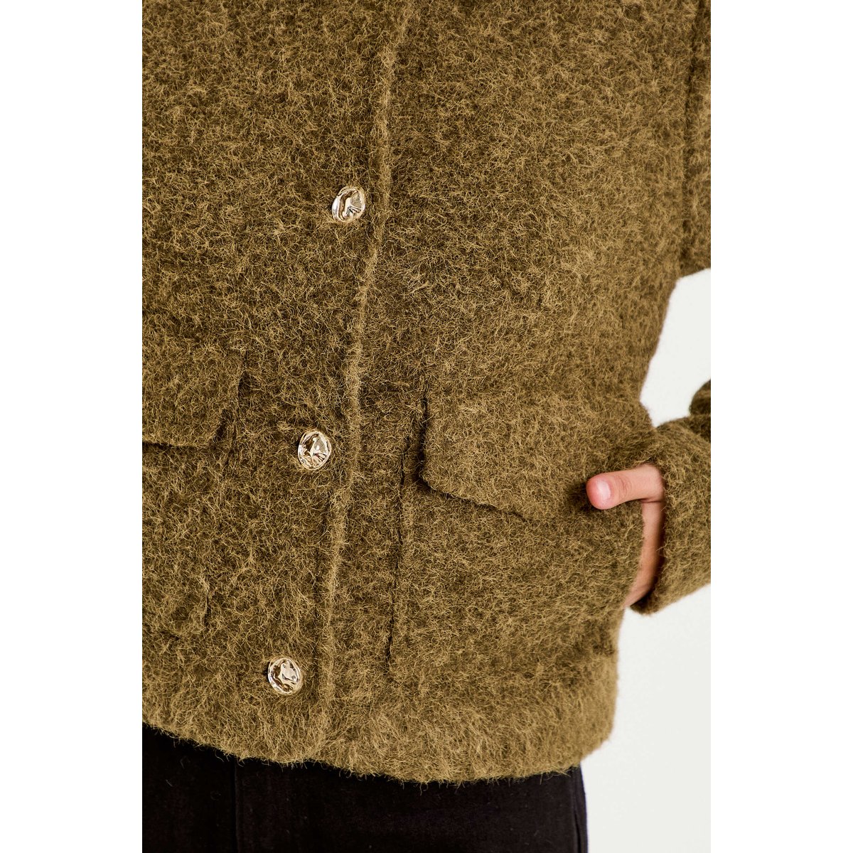 Veste droite bouclette col classique vert kaki, CACHE CACHE