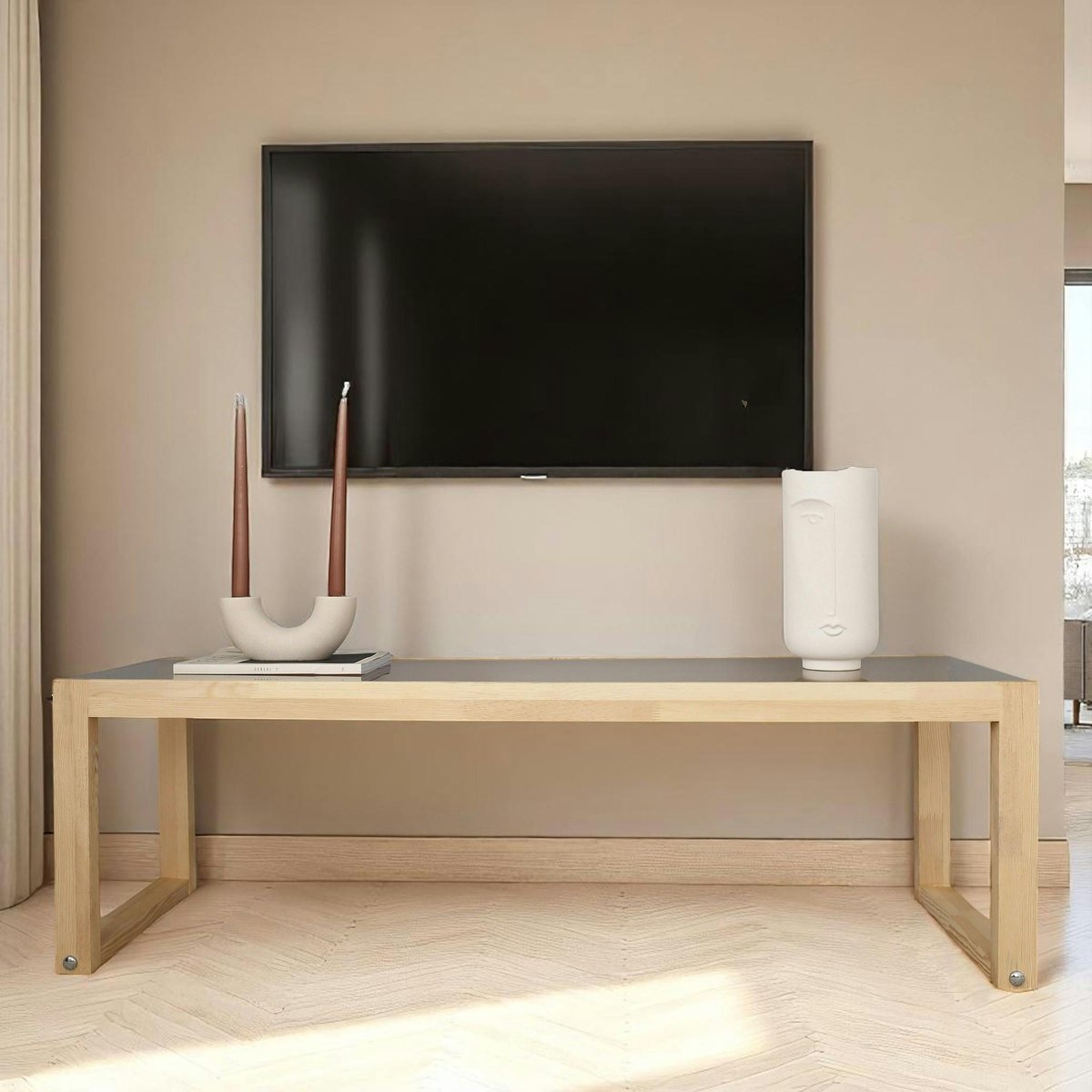 Meuble TV 130 cm moderne bois et verre LHASA bois clair, PIER IMPORT