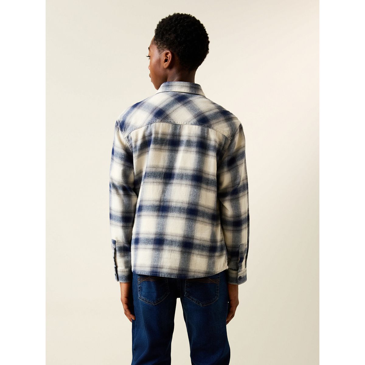 Chemise manches longues en coton à carreaux bleu/écru, NEXT