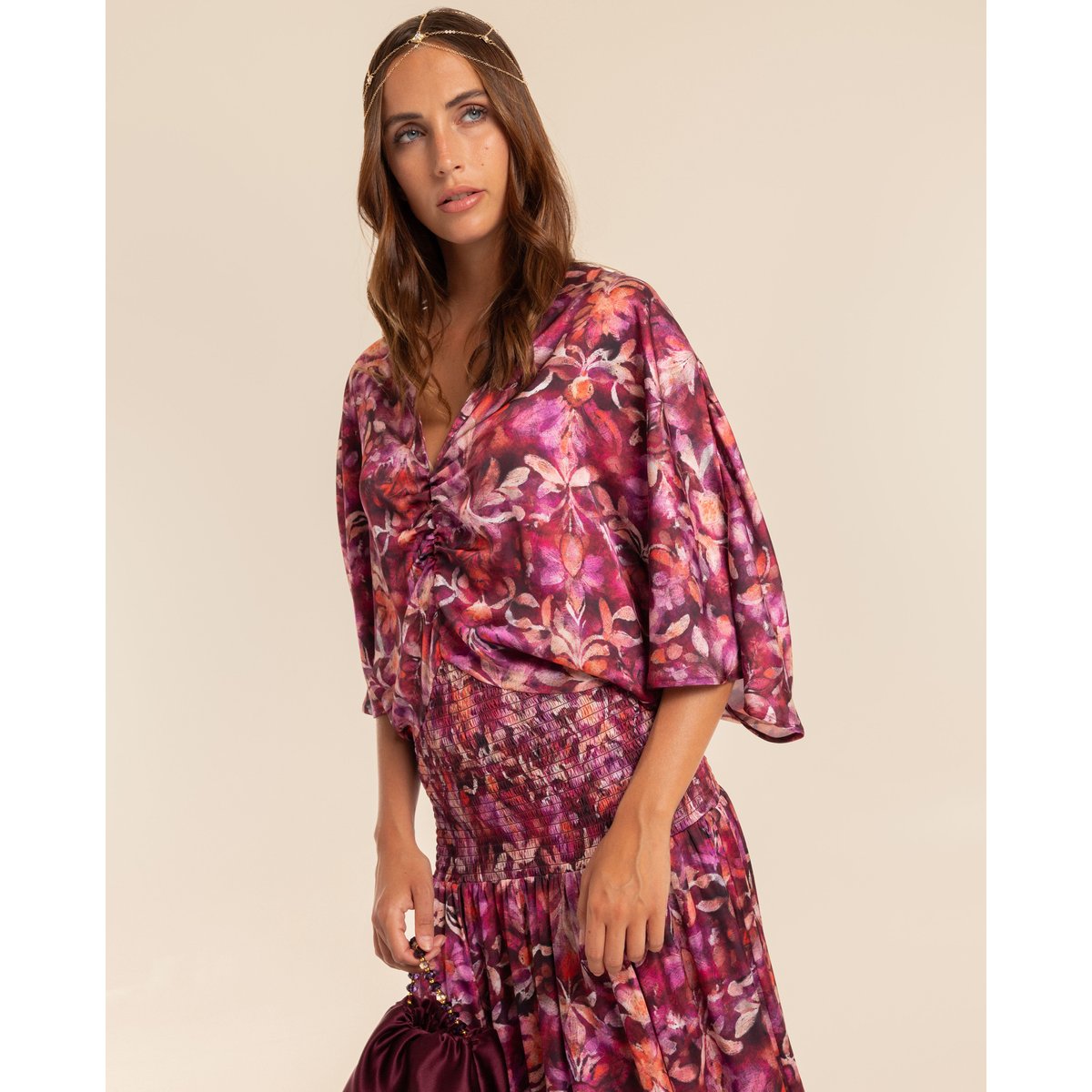 Robe midi froncée à smocks bougainvillier, THE-ARE