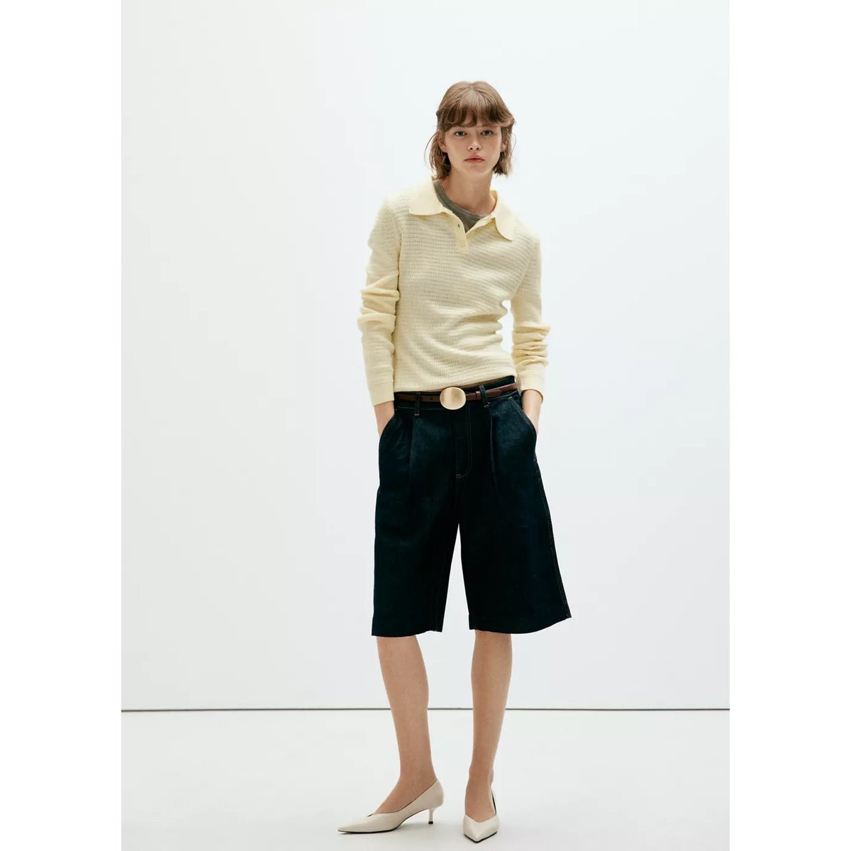 Pull col polo maille texturée jaune, MANGO