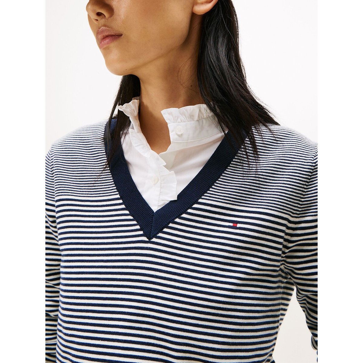 Pull rayé à col V à manches longues marine/écru, TOMMY HILFIGER