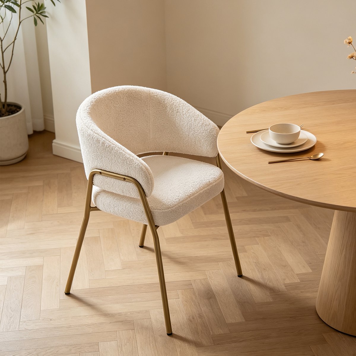 Chaise de salle à manger fauteuil modernes en bouclette, JERRIES blanc, MEUBLES COSY