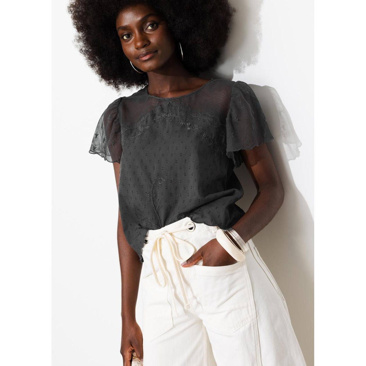 Blouse brodée gris, PROMOD