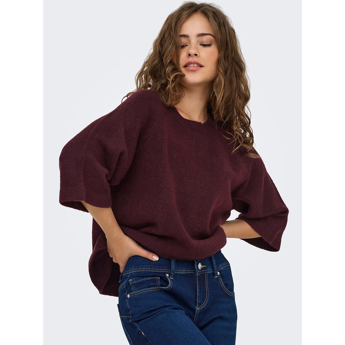 Pull manches 3/4 col rond bordeaux, ONLY
