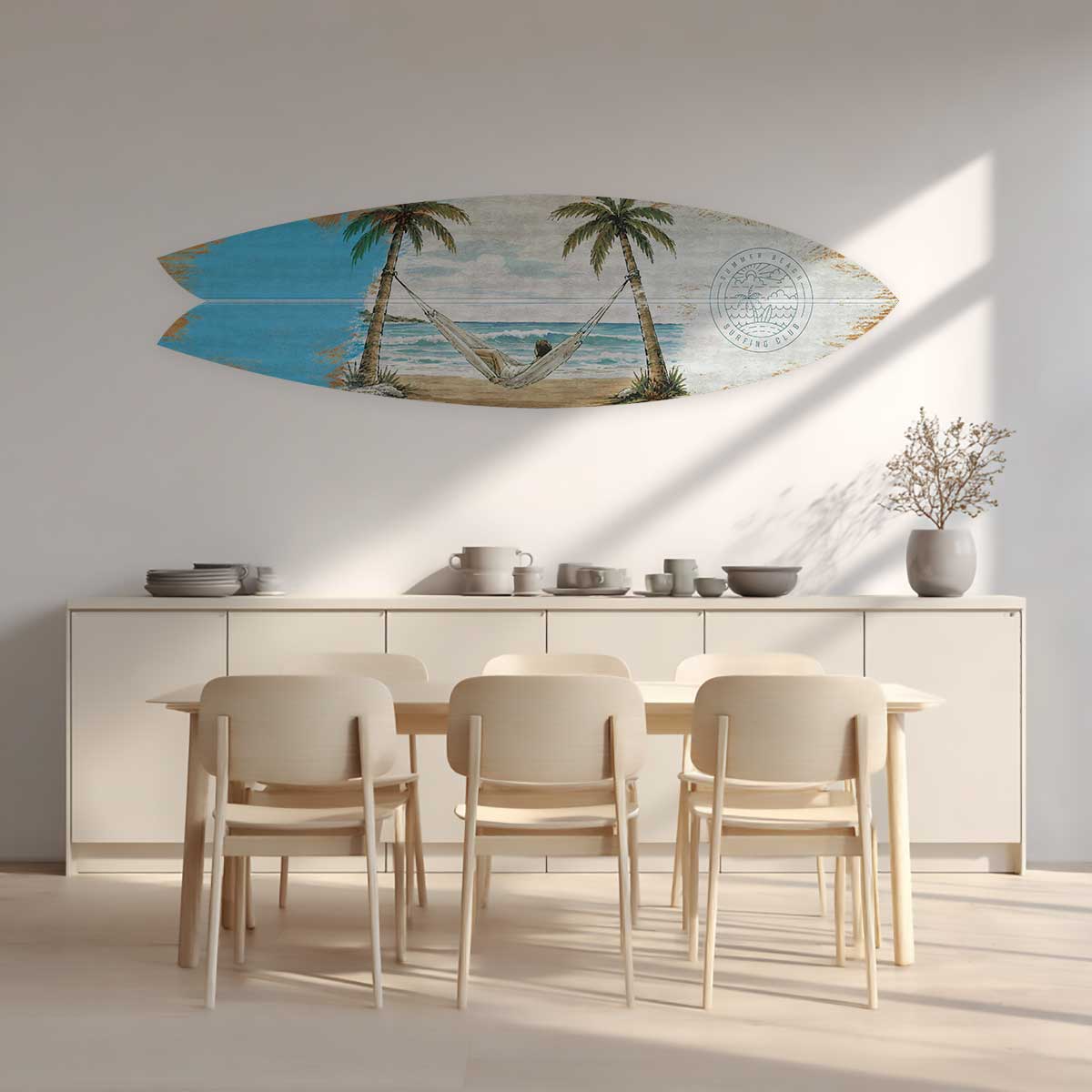 Planche de surf deco Sieste sous les cocotiers tableau alu dibond, HEXOA
