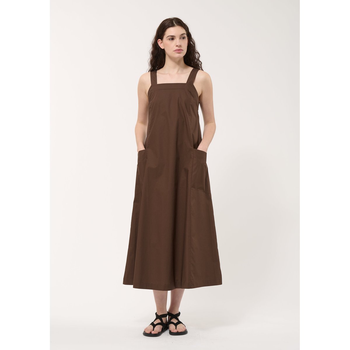 Robe longue trapèze en popeline de coton chocolat, HUMILITY
