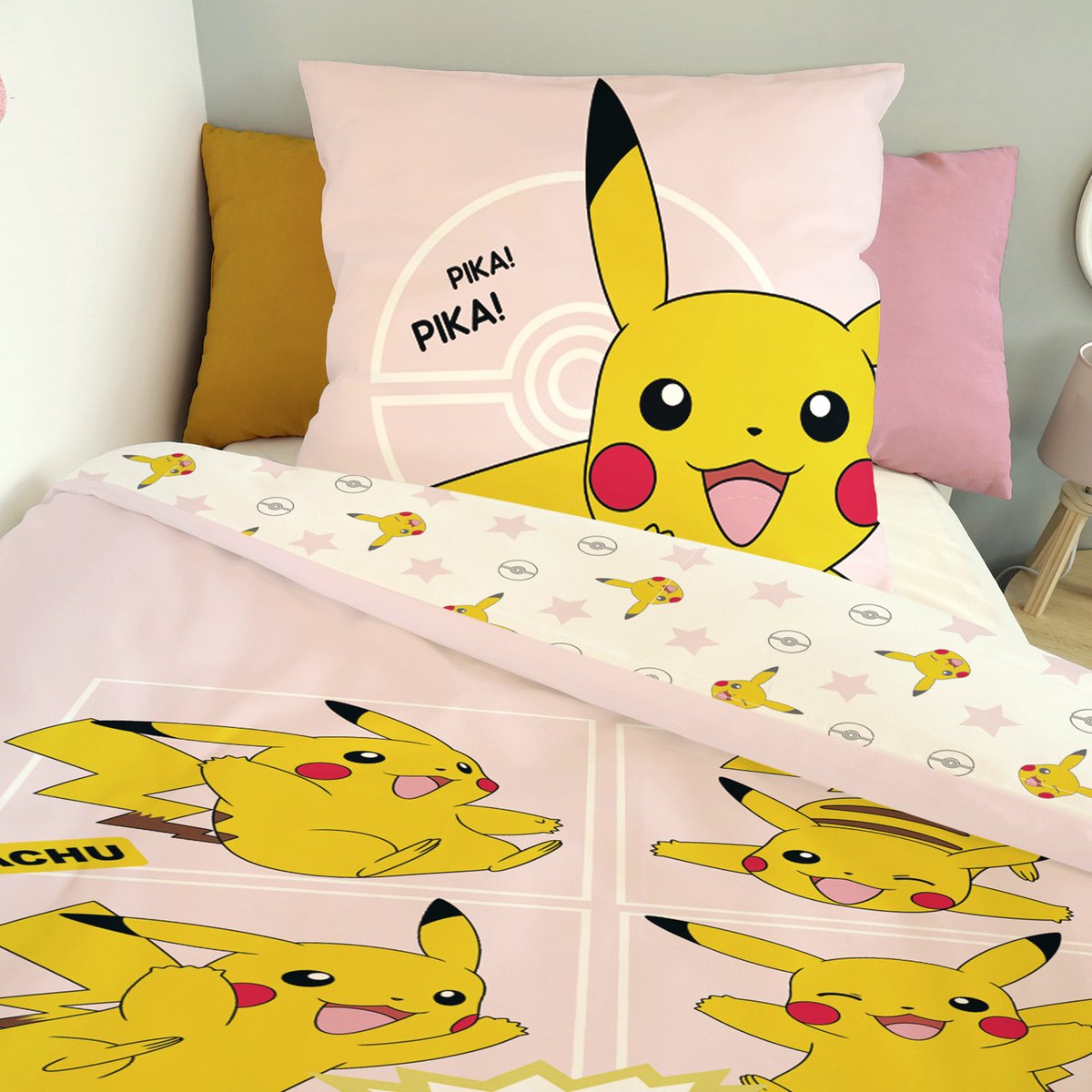 Parure de lit coton Pokémon, PIKACHU QUATUOR rose, POKEMON