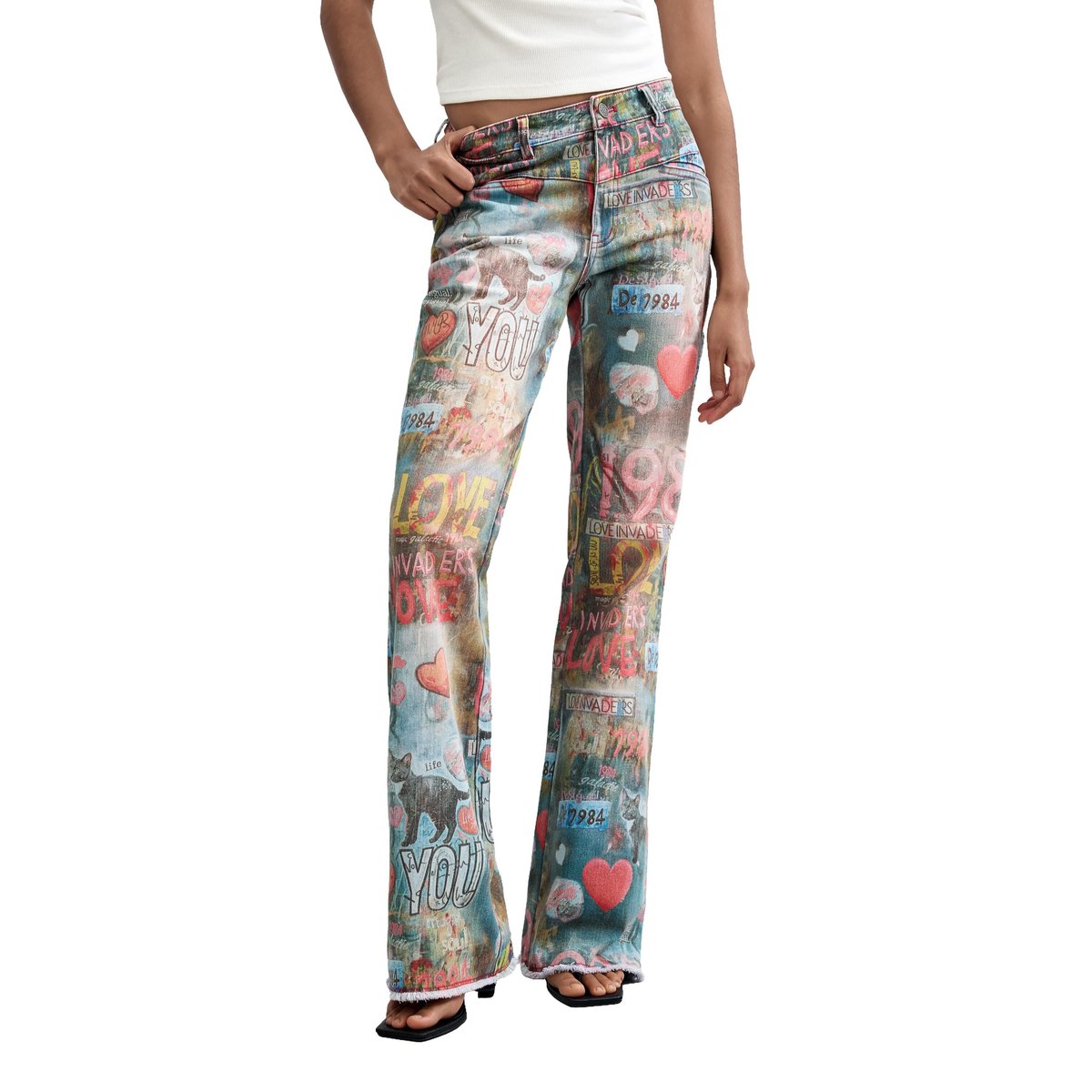 Pantalon jean flare imprimé bleu clair, DESIGUAL