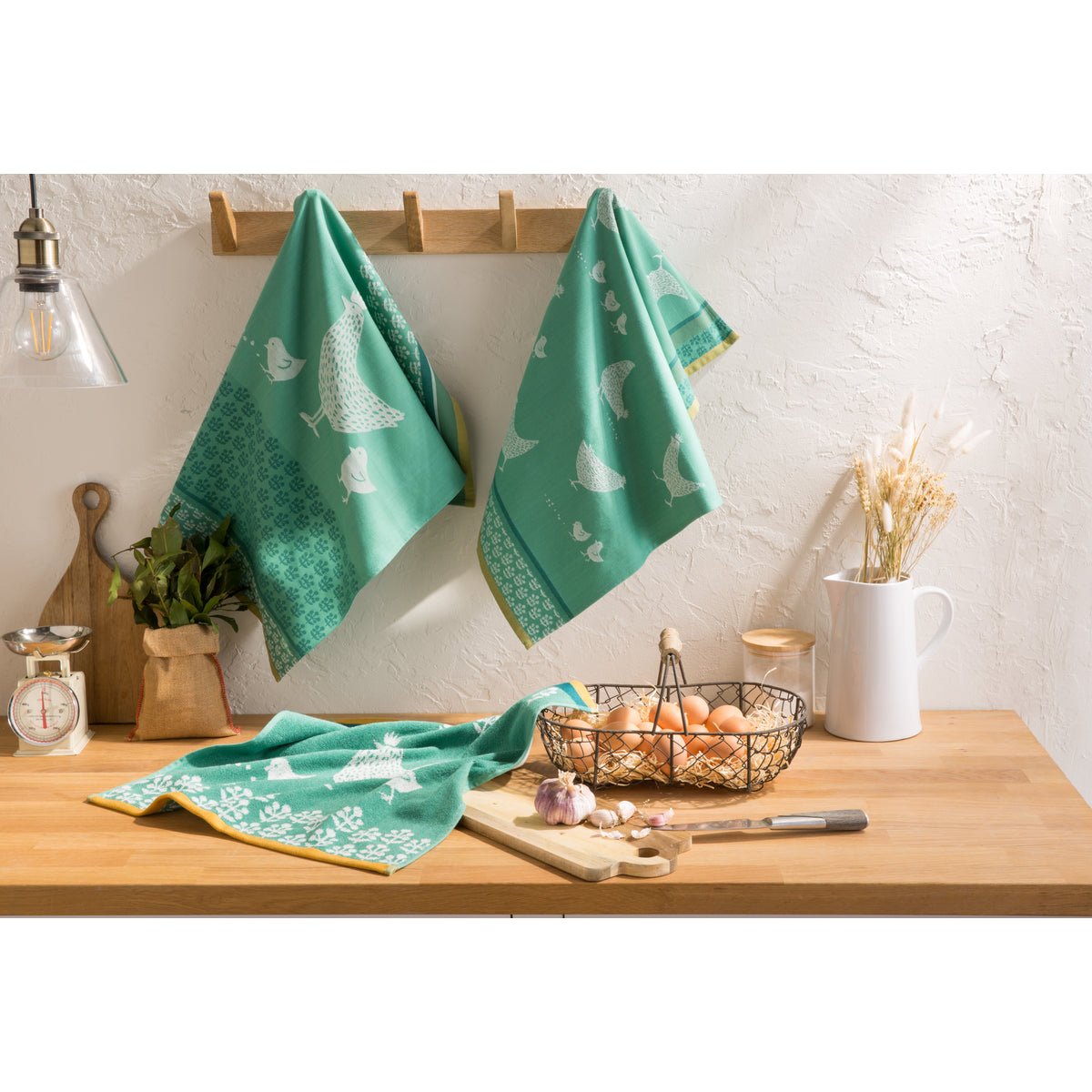 Torchon jacquard en coton POULETTES vert, COUCKE