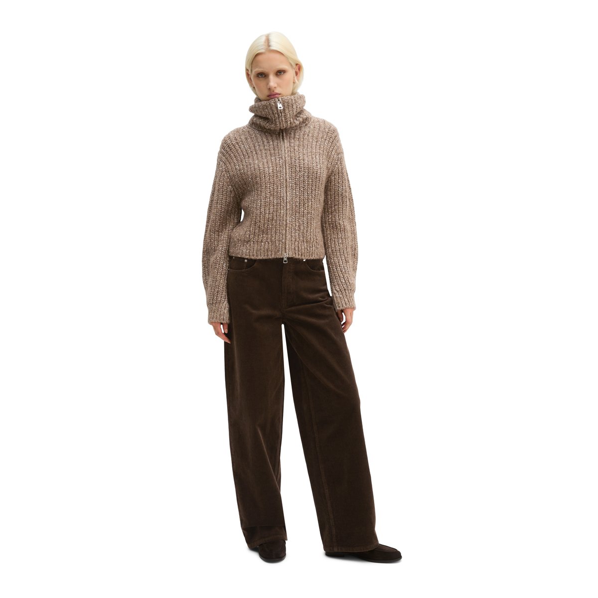 Cardigan zippé coupe décontractée en un mélange doux de coton bio et de laine d'alpaga marron fonce, MARC O'POLO
