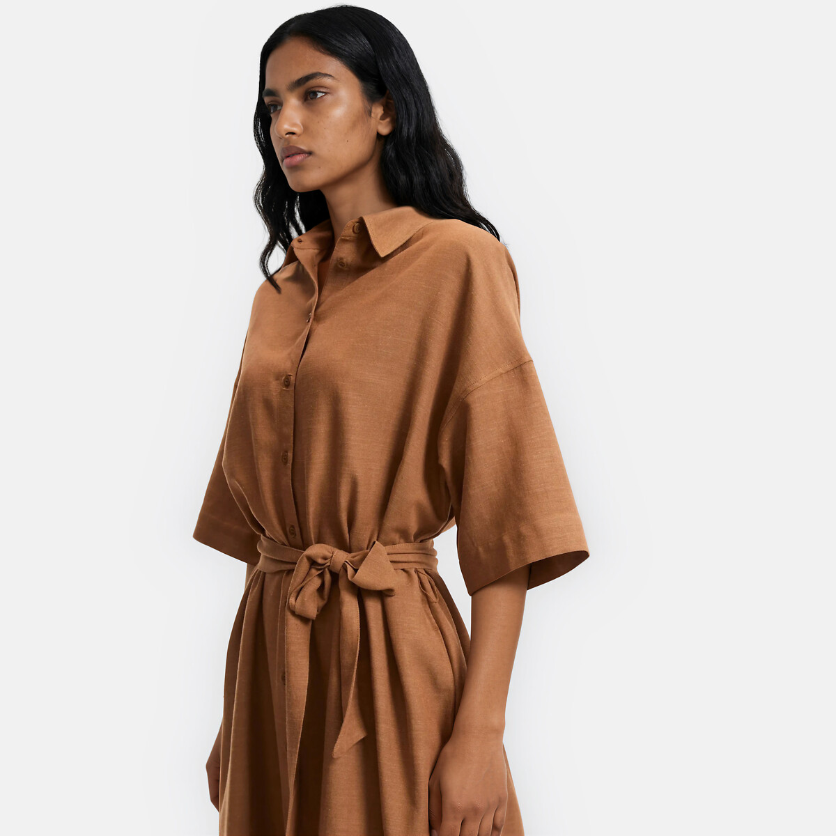 Lange overhemdjurk met elleboogmouwen met ceintuur kastanje kameel, LA REDOUTE COLLECTIONS