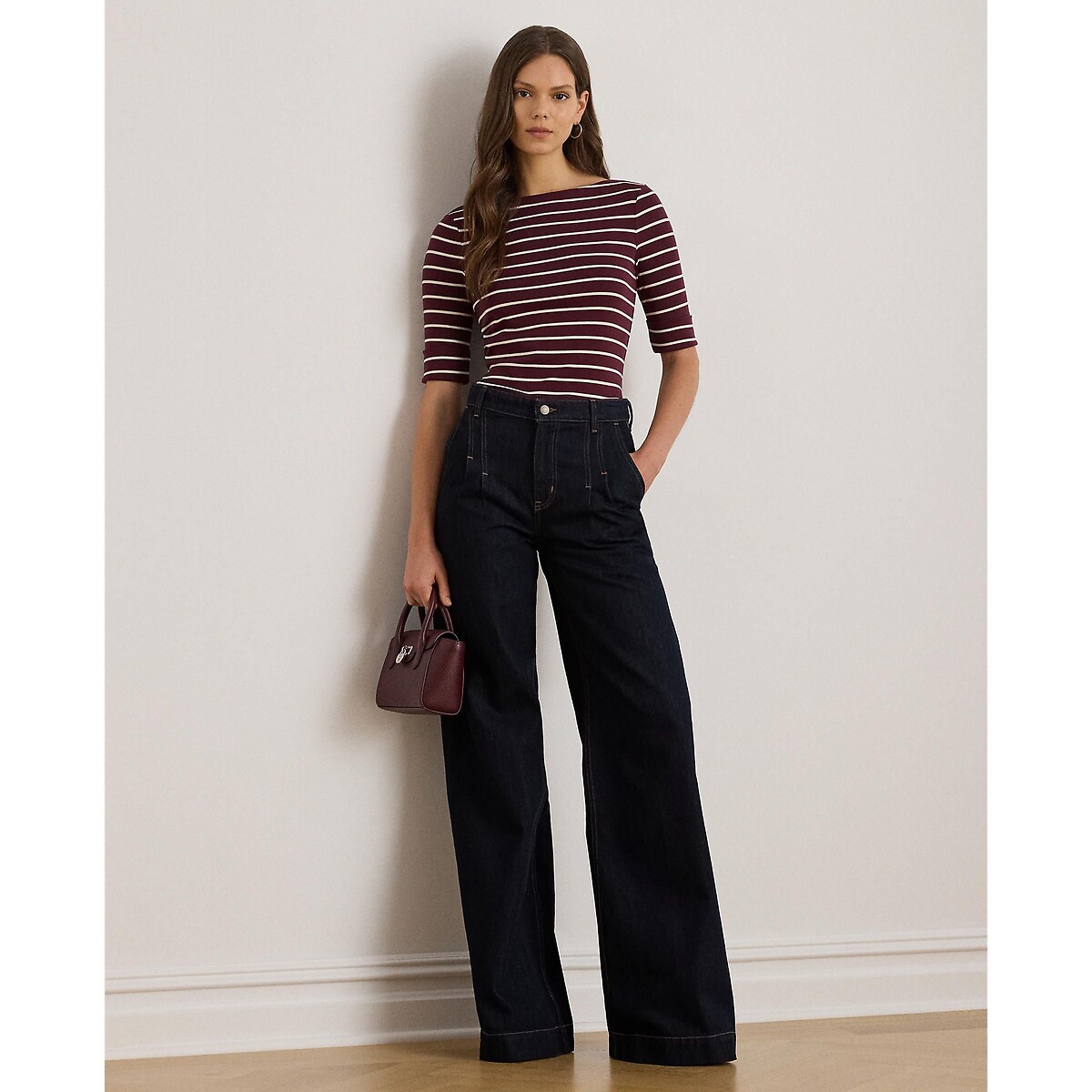 Judy Striped Boat Neck T-Shirt with Short Sleeves burgundy striped/white, LAUREN RALPH LAUREN