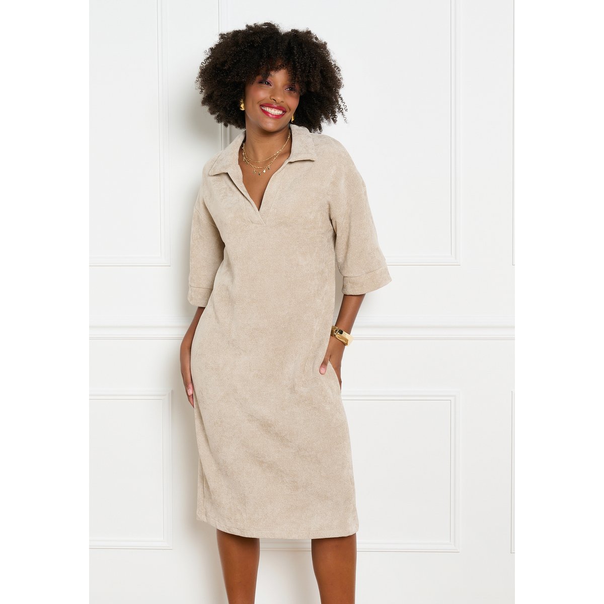 Robe polo en velours beige classic, LOLALIZA