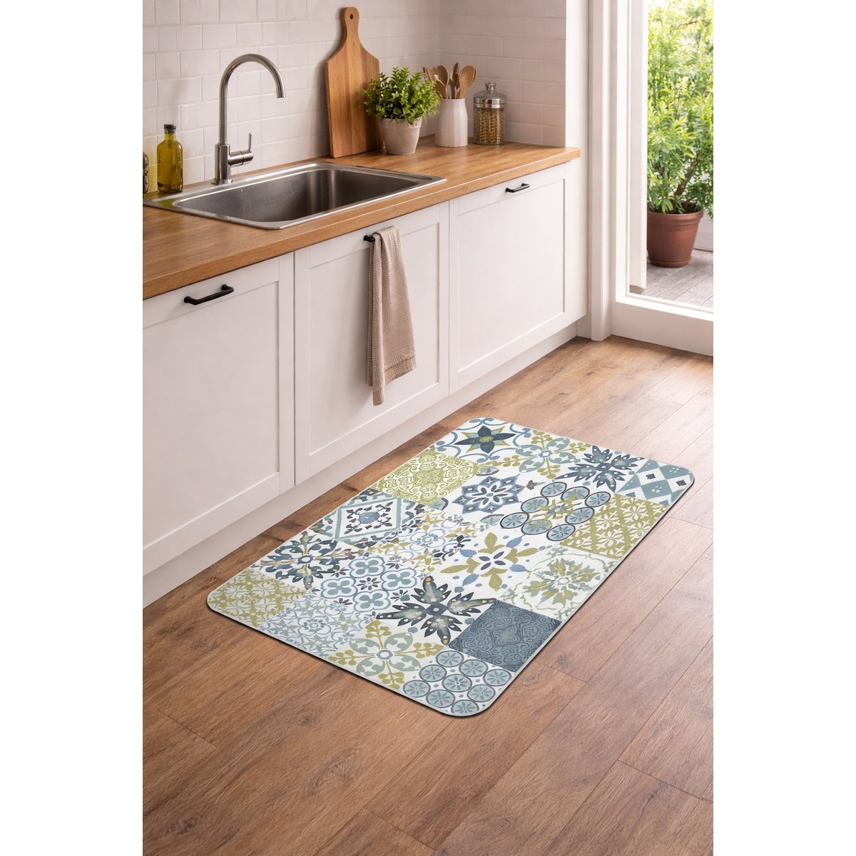 Tapis de cuisine décoratif motif carreaux vert, EDEN