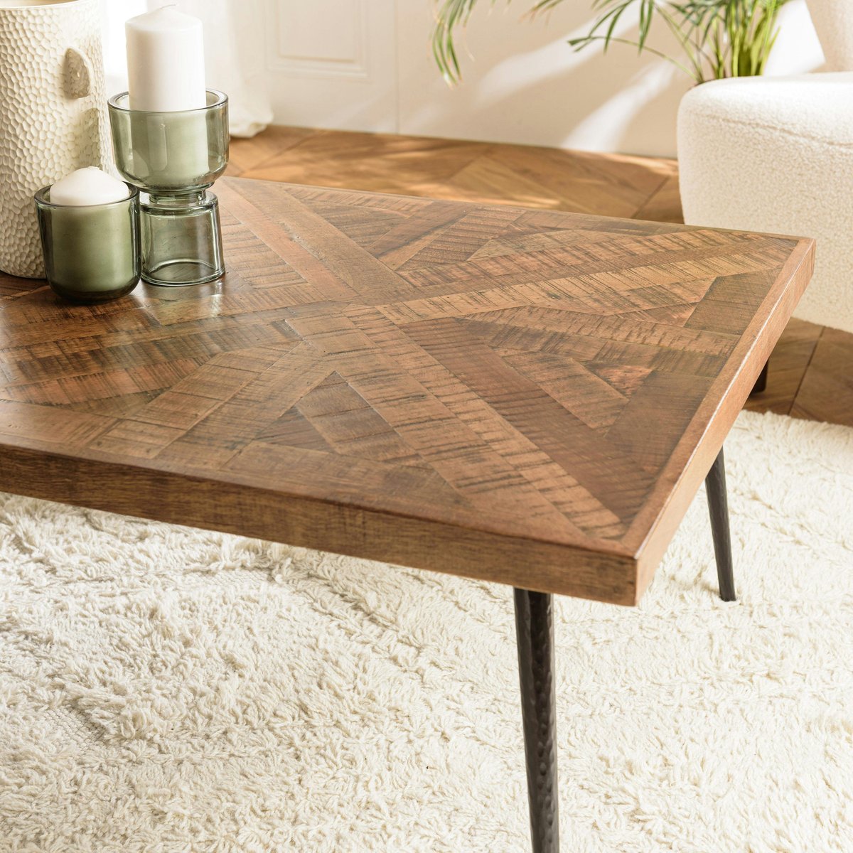 Table de salon rectangulaire bois recyclé marqueterie 135 cm KORKAI bois naturel, PIER IMPORT