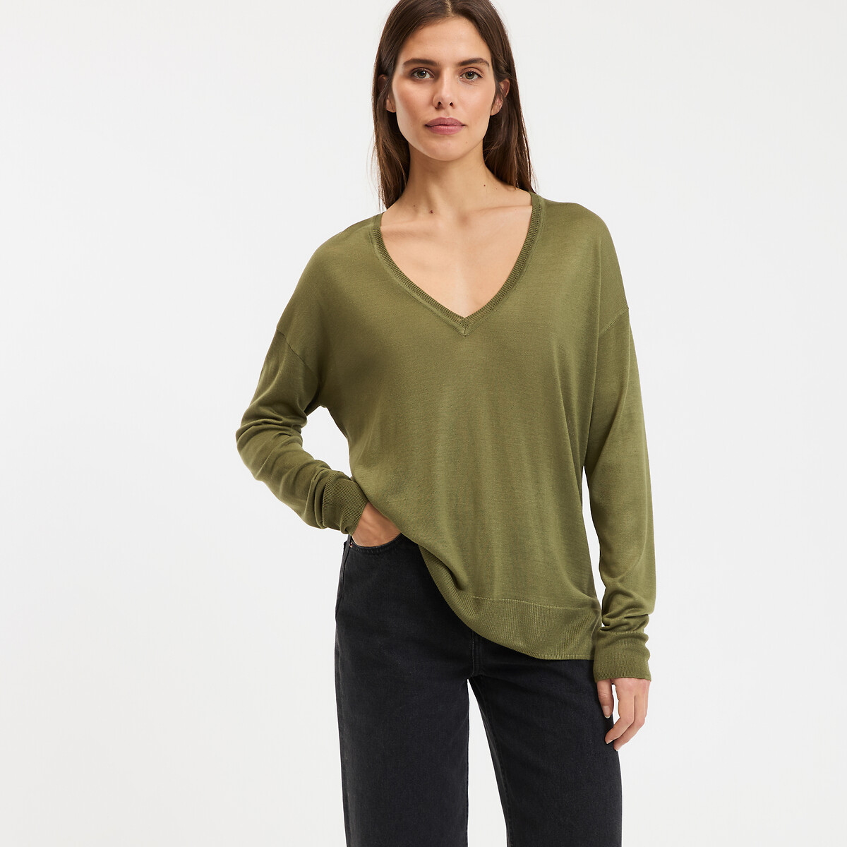 Pull col V, en fine maille vert kaki, LA REDOUTE COLLECTIONS