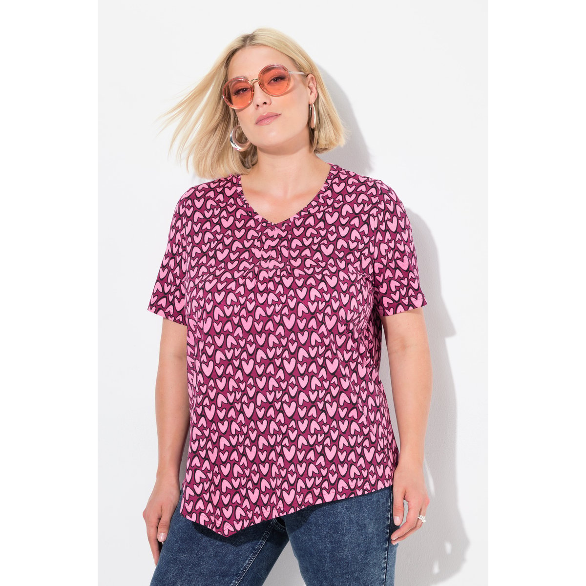 T-shirt imprimé petits cœurs, base en pointe rubis, ULLA POPKEN