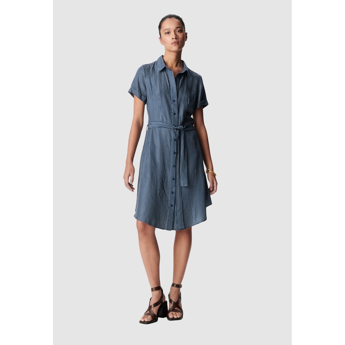 Robe chemise fines rayures bleu marine, IKKS