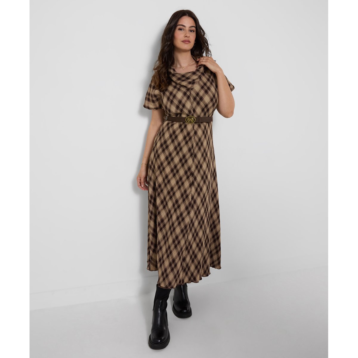 Robe Longue Plissée à Col Bénitier Hallie marron, JOE BROWNS