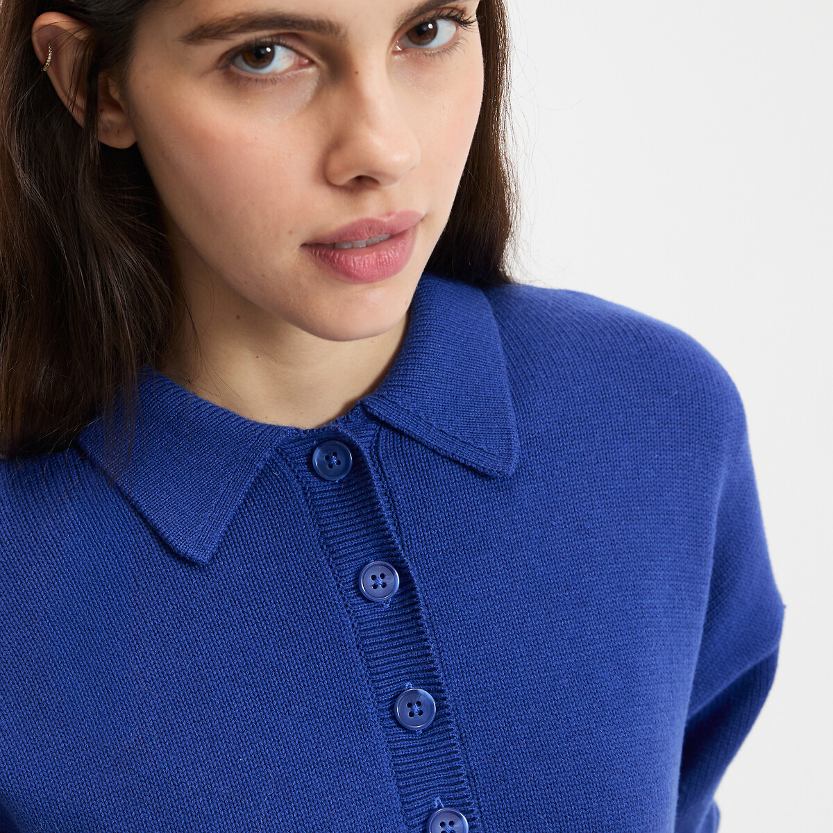 Pull col polo, en laine et coton mélangés bleu électrique, LA REDOUTE COLLECTIONS