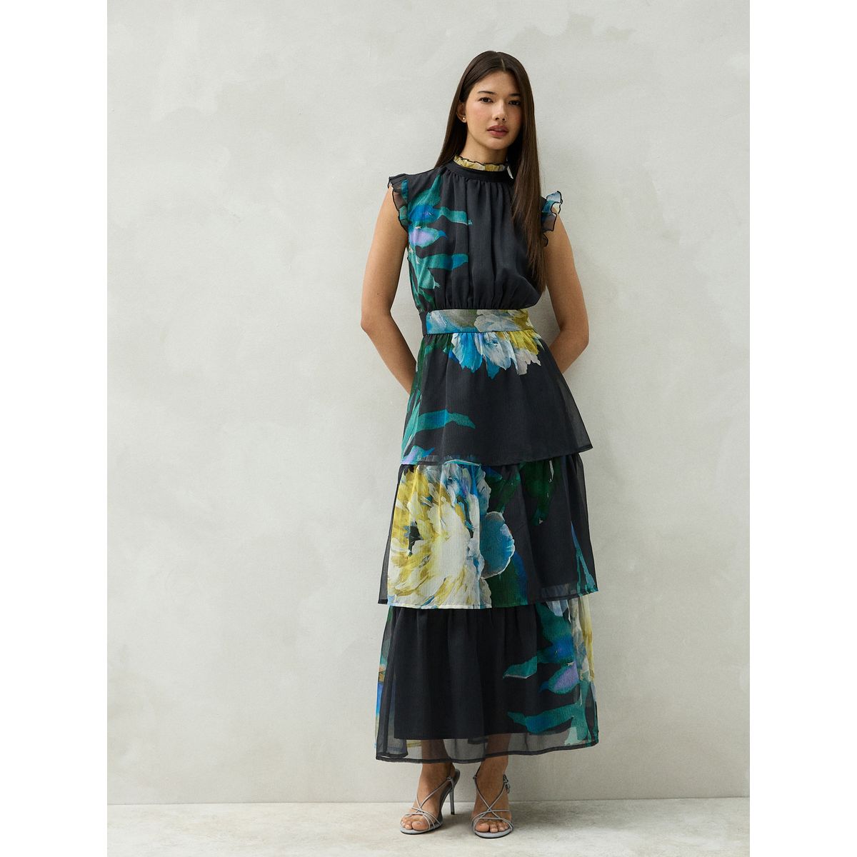 Robe de cérémonie longue imprimée à volants imprimé floral bleu marine, NEXT