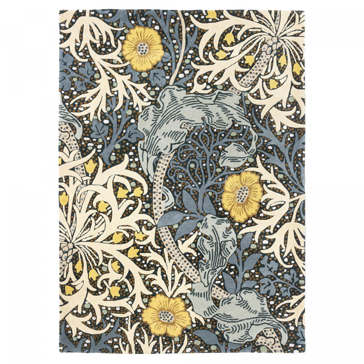 Tapis salon et chambre fait à la main en laine motif floral SEAWEED bleu, jaune, UN AMOUR DE TAPIS