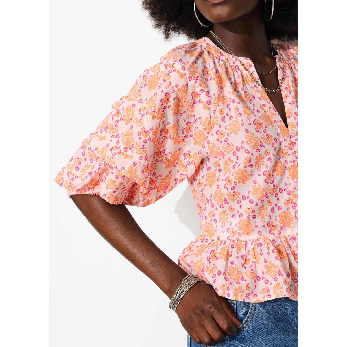 Chemise fleurie manches ballon imprimé écru, PROMOD