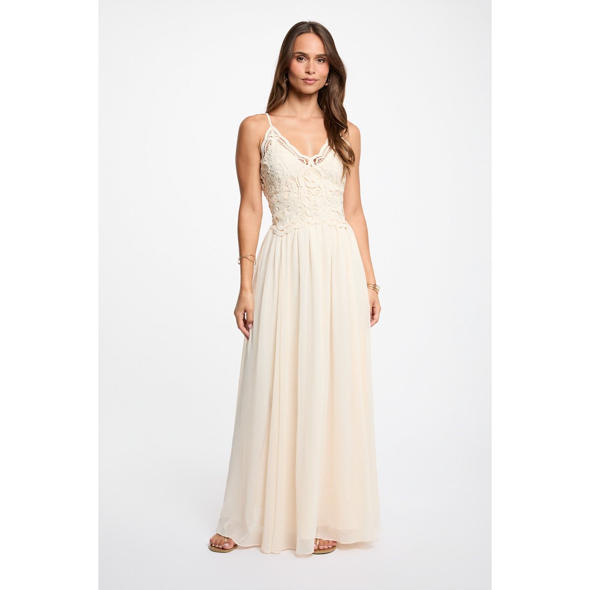 Robe longue dentelle creme, MORGAN