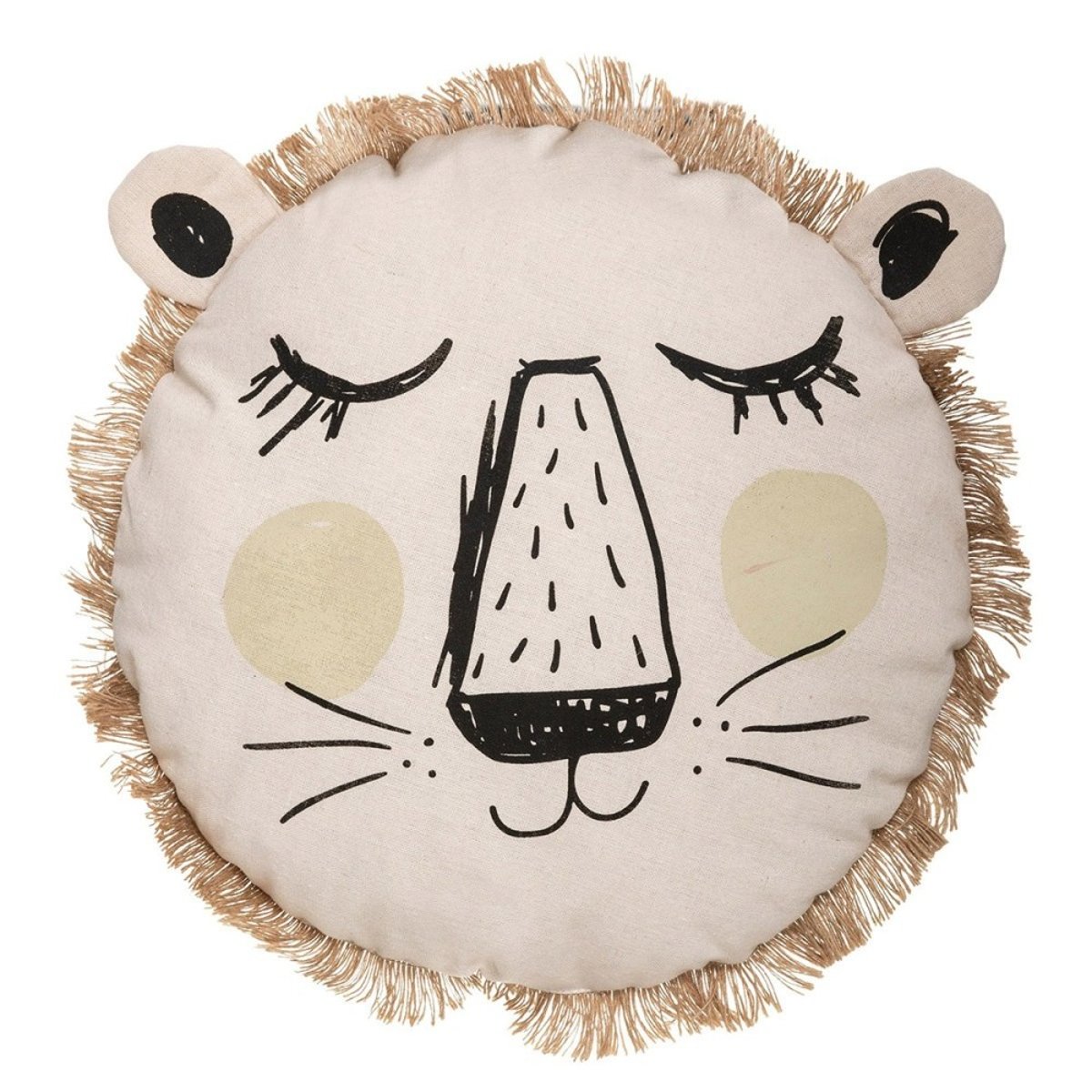 Coussin rond lion franges 38 beige, ATMOSPHERA