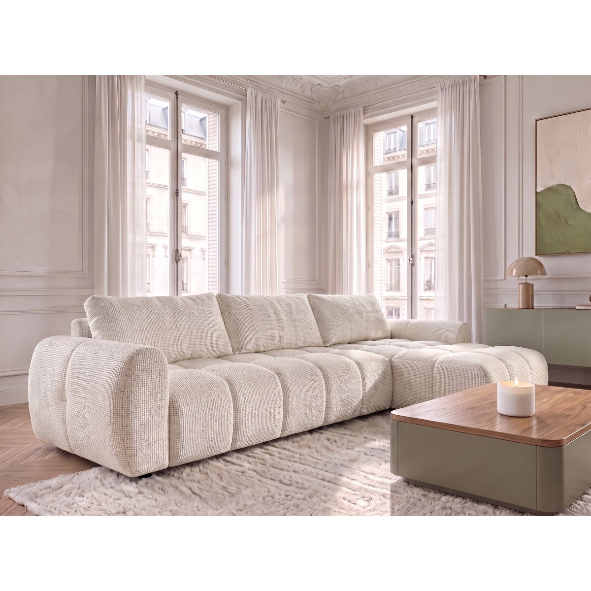 Canapé d'angle convertible 3 places en tissu chiné, FUJI blanc, BOBOCHIC