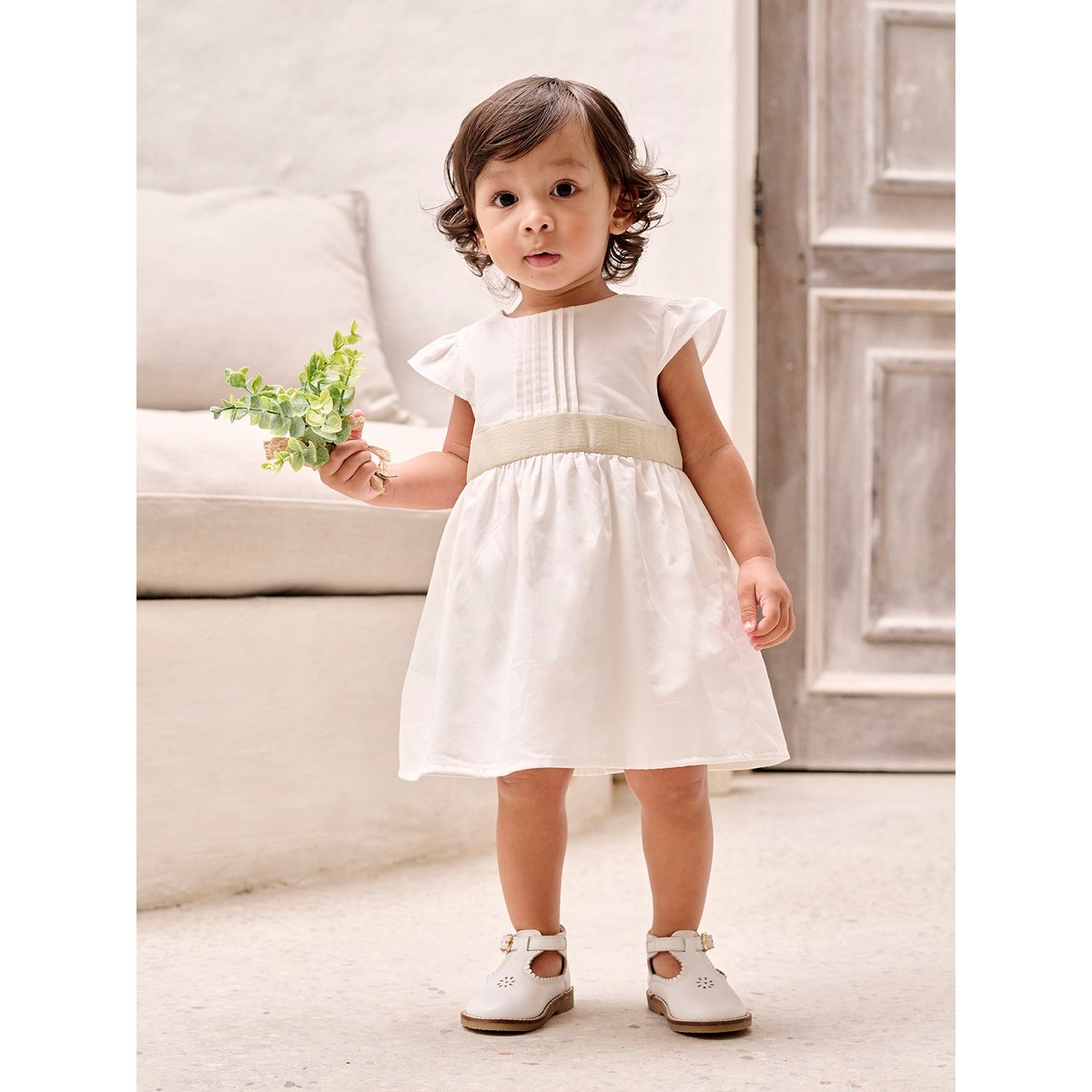 Robe cérémonie bébé ceinture nouée au dos blanc, VERTBAUDET