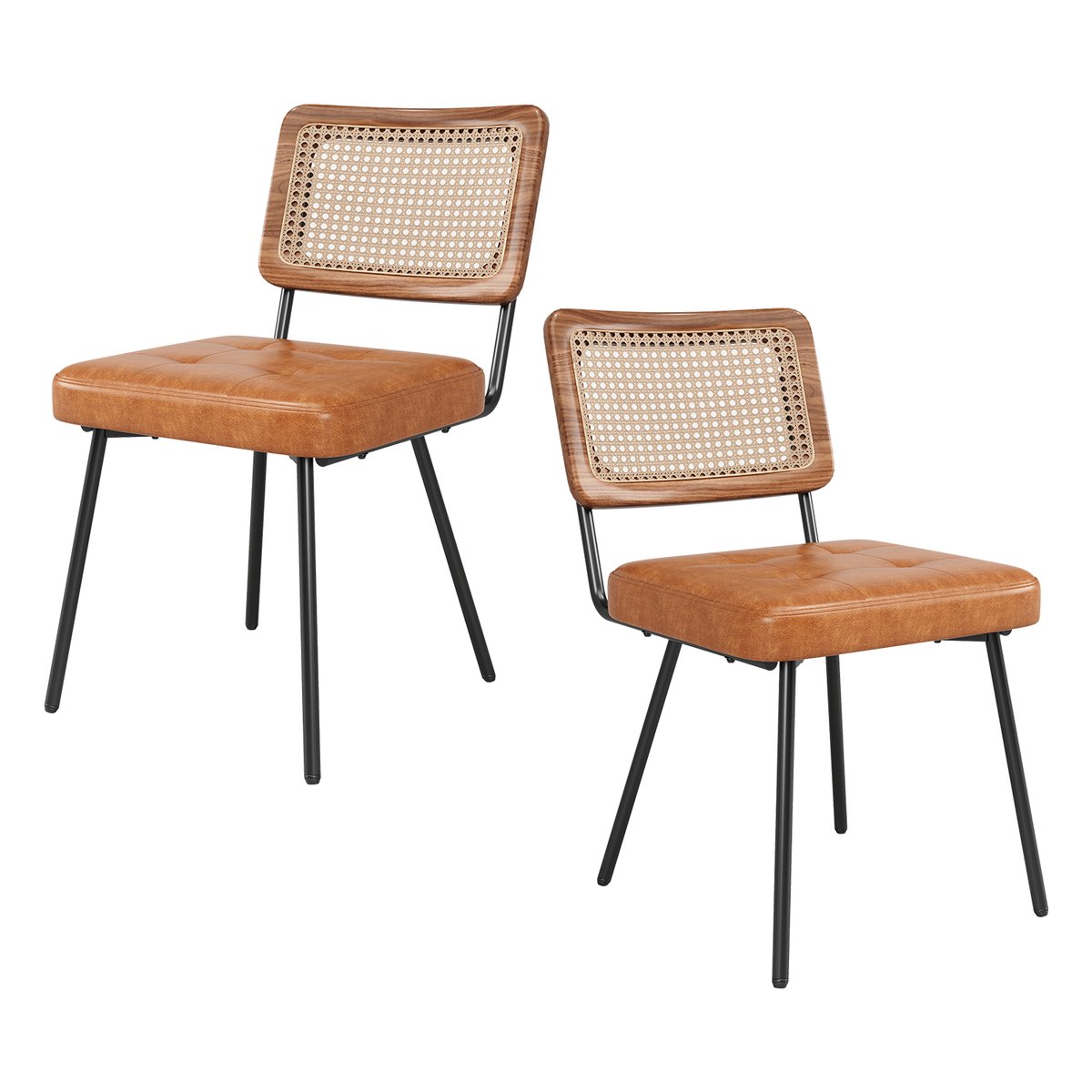 Lot de 2 chaises de salle à manger en simili cuir avec dossier en rotin PE style rétro moderne, KAROMIR marron, MEUBLES COSY