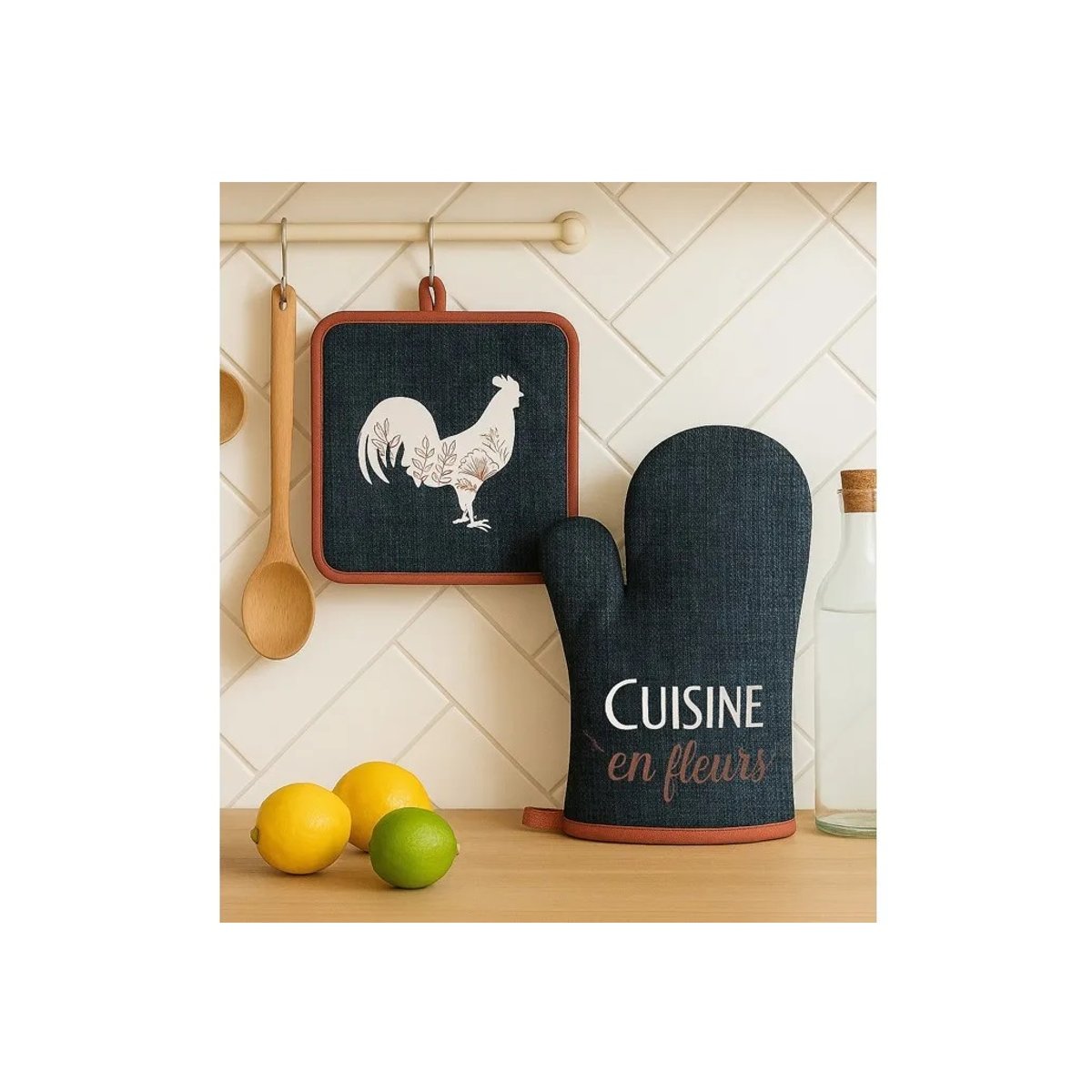 Gant et manique de cuisine Coq et fleurs gris_anthr, EDEN
