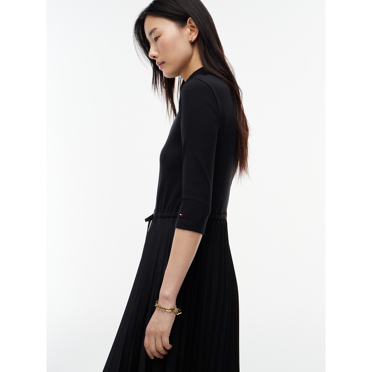 Abito longuette con collo alto, plissettato e maniche a 3/4 nero , TOMMY HILFIGER