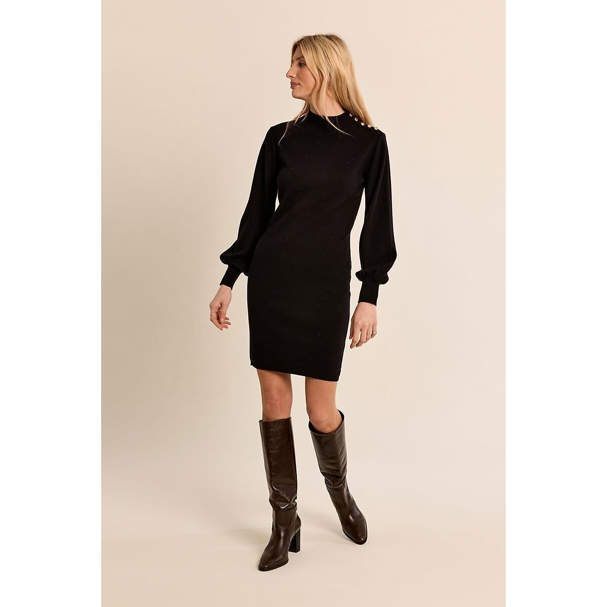 Robe pull en maille à manches ballons noir, MOLLY BRACKEN