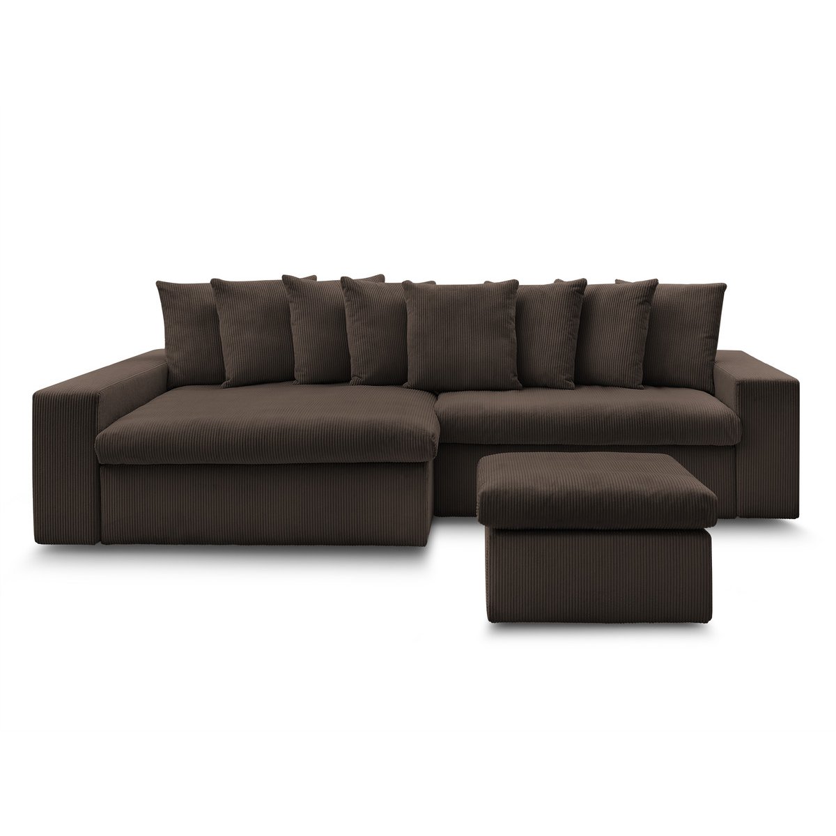 Canapé d'angle fixe 3 places en velours côtelé avec pouf, ENORE marron, BOBOCHIC