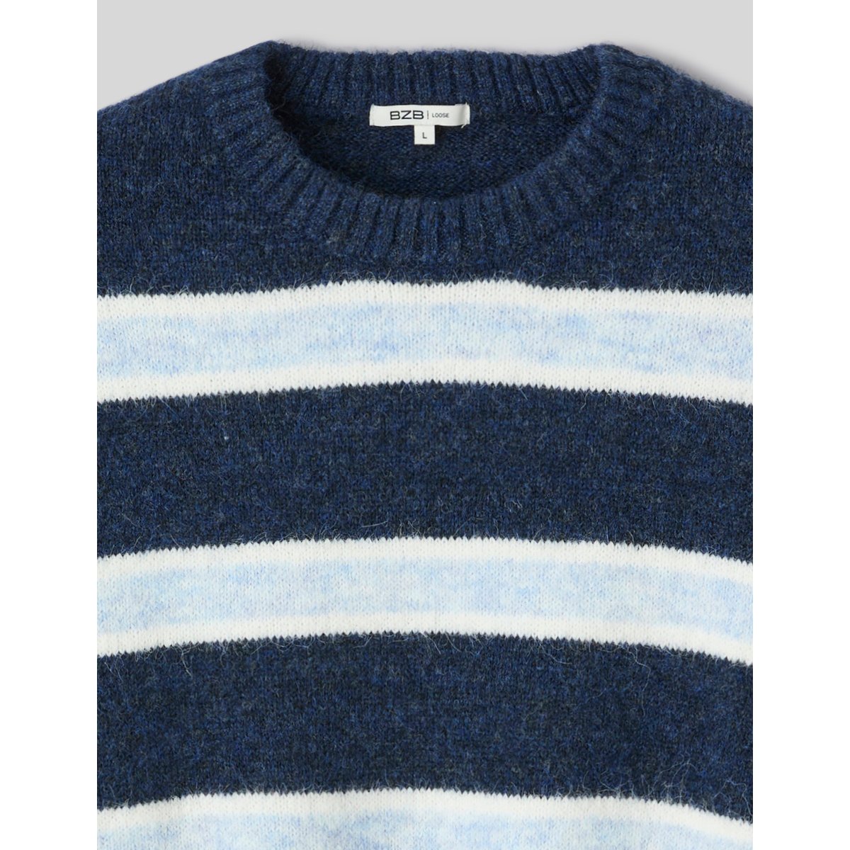 Pull rayé col rond bleu foncé, BZB