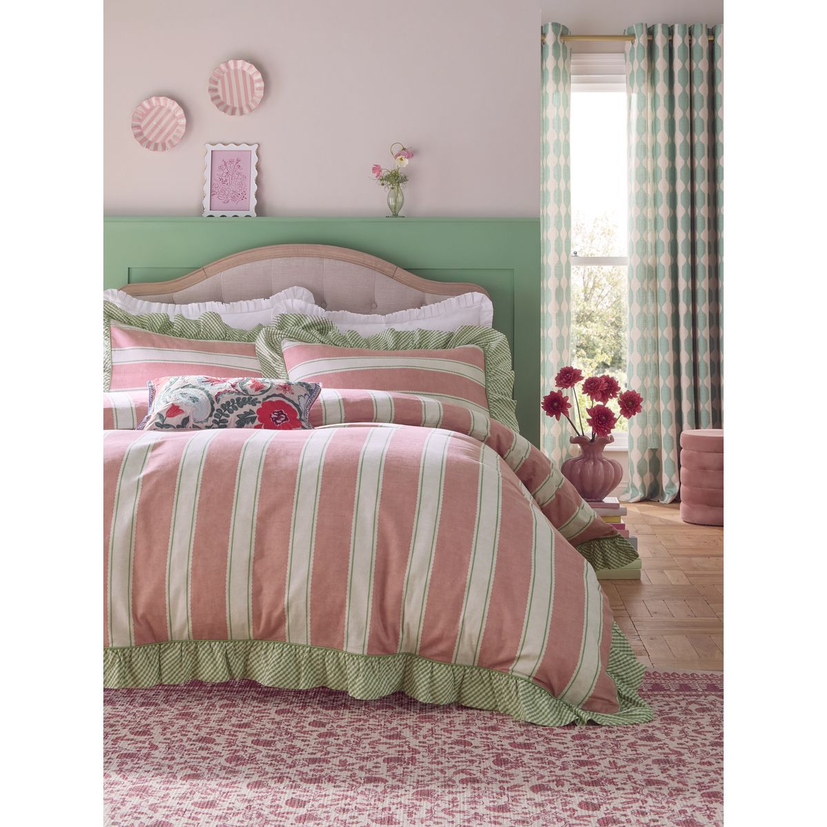 Housse de couette + taie d’oreiller à volants rose à rayures, NEXT