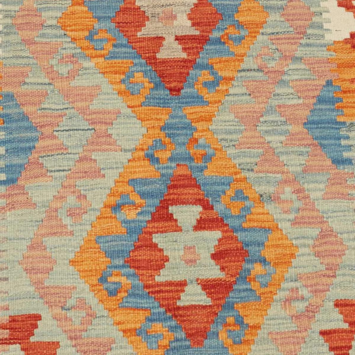 Tapis kilim au motif ethnique, tissé plat artisanal, KILIM 45 rouge, bleu, orange, UN AMOUR DE TAPIS
