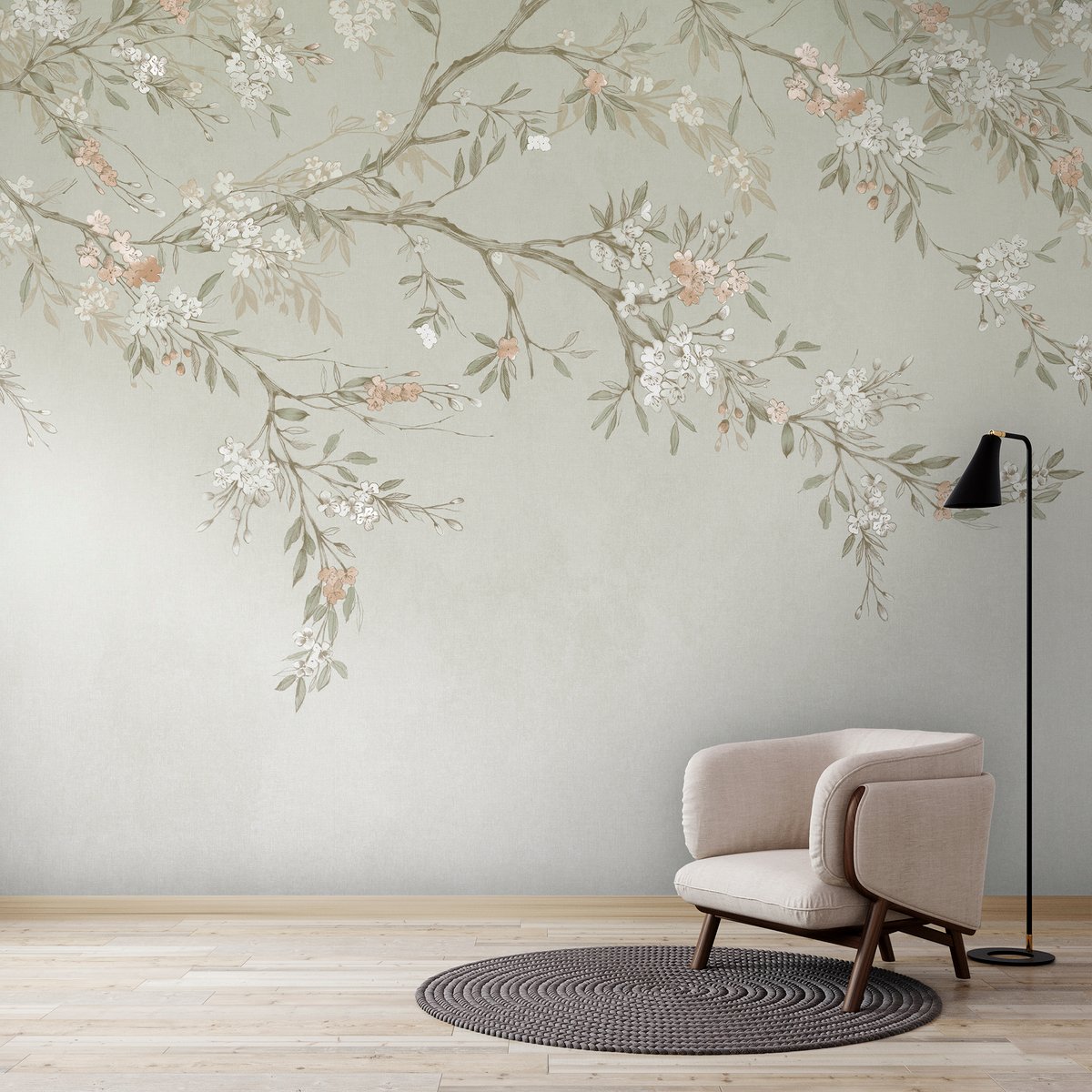 Papier peint panoramique Branches fleuries vert sauge, beige, SUPERFRESCO EASY