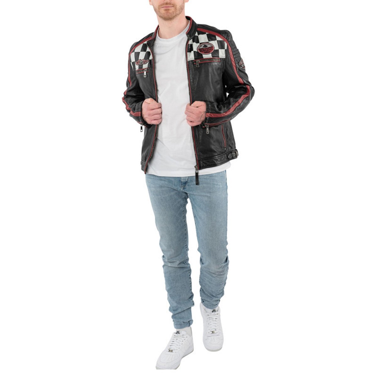 Blouson en cuir de mouton noir uni avec une coupe droite et un col rond noir, GIPSY