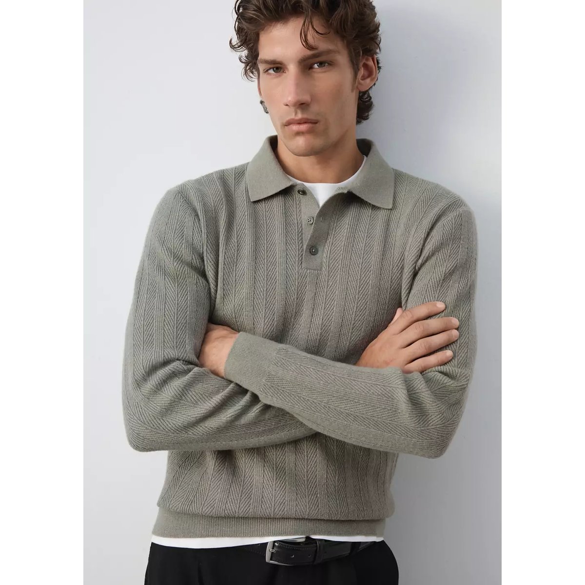 Pull-over polo maille structure vert pastel, MANGO MAN