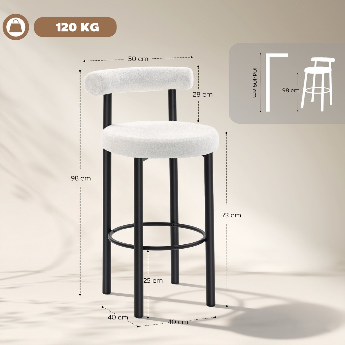 Tabouret de bar Tissu bouclette Blanc blanc, noir, HOMCOM