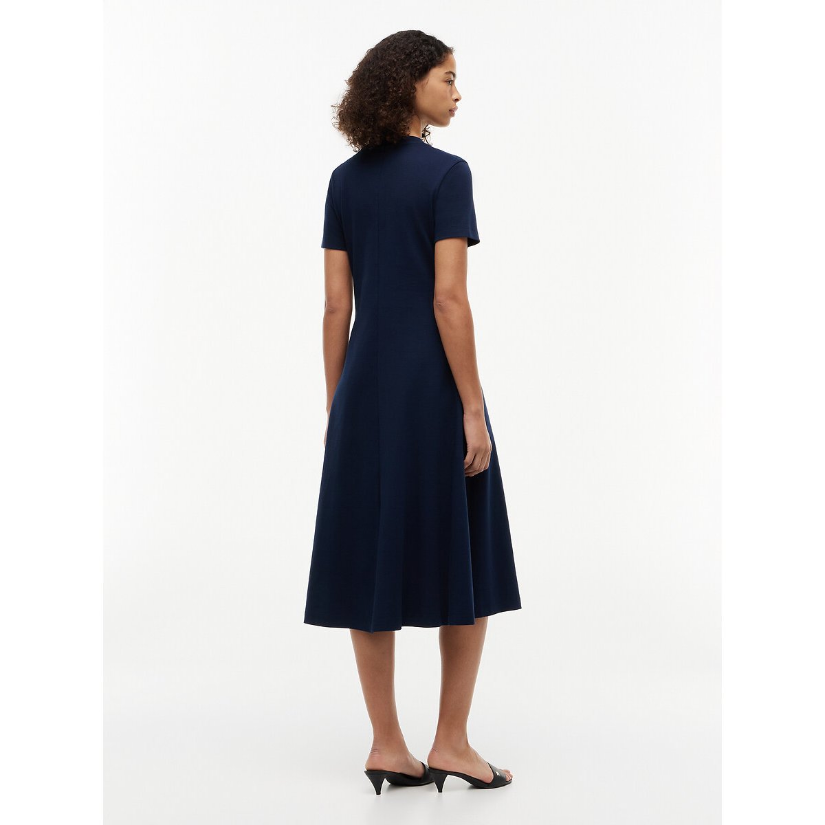 Vestido midi acampanado de manga corta azul marino, TOMMY HILFIGER