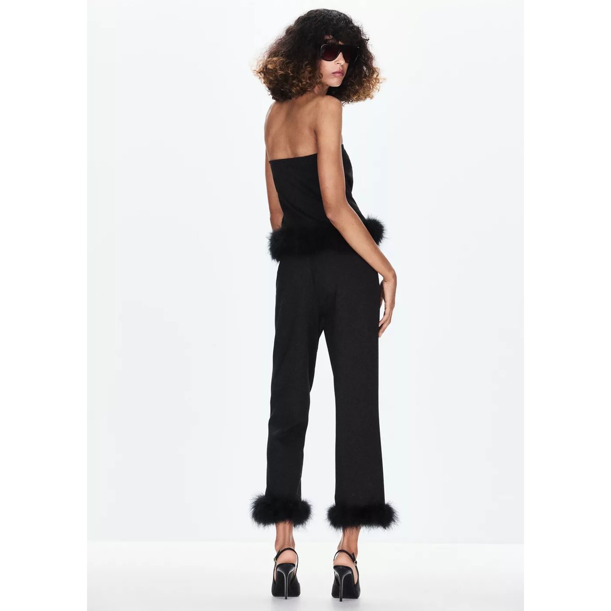 Pantalon taille haute à plumes noir, MANGO