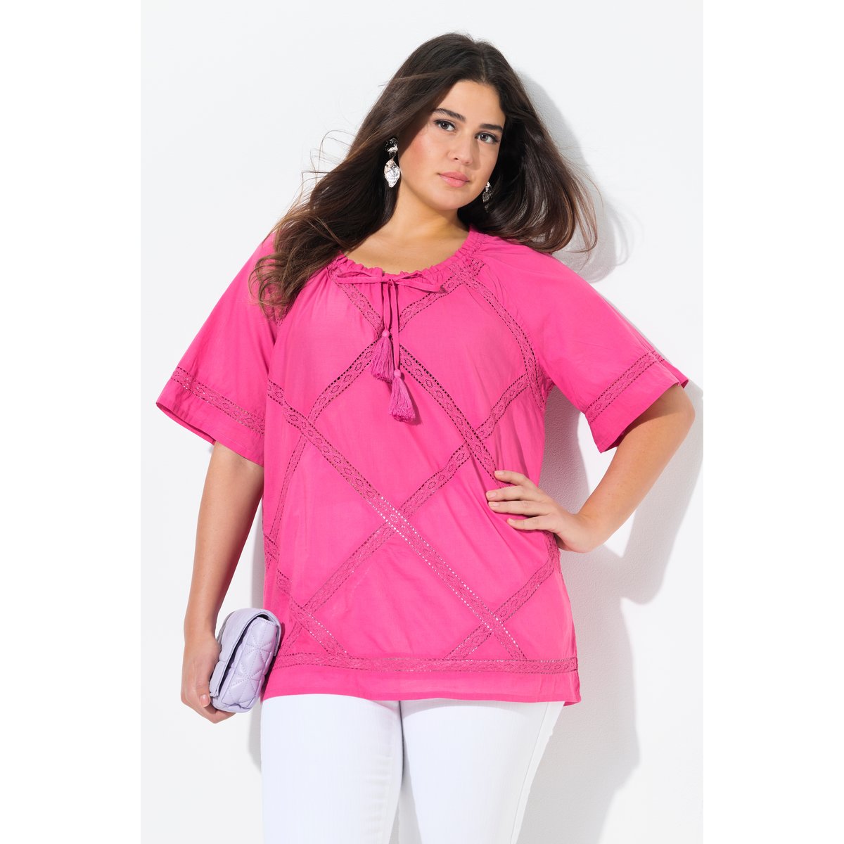 Blouse à empiècements en dentelle crochetée. rose vif, ULLA POPKEN