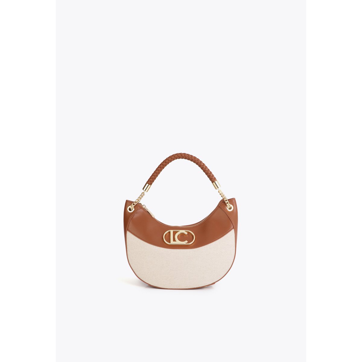 Sac à main bimatière avec poignée tressée camel, LOLA CASADEMUNT